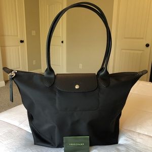 Longchamp Le Pliage Nylon Tote Bag Embroidery Horse Black Handbag 12.25"Wx7.5"D